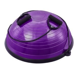half exercise ball trainer, 23 inch balance ball trainer, 660lbs stability ball, yoga ball with resistance bands & foot pump, strength fitness ball for home gym, full body workout, purple