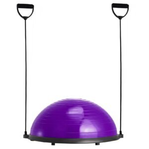 half exercise ball trainer, 23 inch balance ball trainer, 660lbs stability ball, yoga ball with resistance bands & foot pump, strength fitness ball for home gym, full body workout, purple