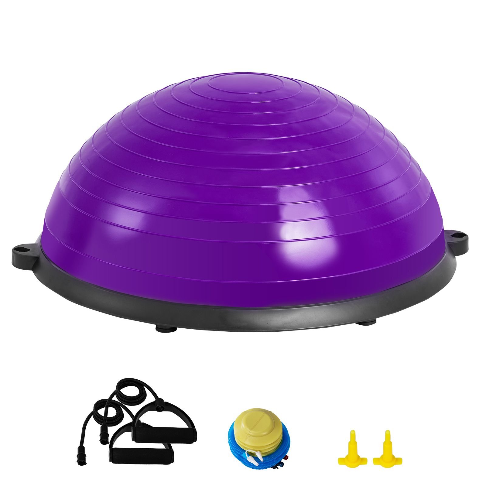 half exercise ball trainer, 23 inch balance ball trainer, 660lbs stability ball, yoga ball with resistance bands & foot pump, strength fitness ball for home gym, full body workout, purple