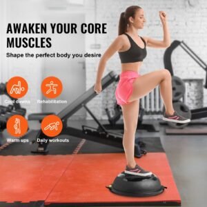 half exercise ball trainer, 26 inch balance ball trainer, 1500lbs capacity stability ball, yoga ball with resistance bands & foot pump, strength fitness ball for home gym full body workout black