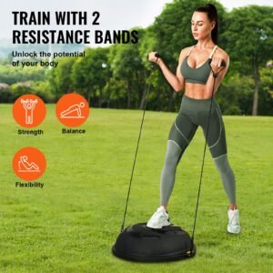 half exercise ball trainer, 26 inch balance ball trainer, 1500lbs capacity stability ball, yoga ball with resistance bands & foot pump, strength fitness ball for home gym full body workout black
