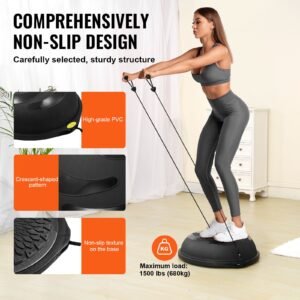 half exercise ball trainer, 26 inch balance ball trainer, 1500lbs capacity stability ball, yoga ball with resistance bands & foot pump, strength fitness ball for home gym full body workout black