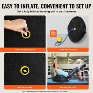 half exercise ball trainer, 26 inch balance ball trainer, 1500lbs capacity stability ball, yoga ball with resistance bands & foot pump, strength fitness ball for home gym full body workout black