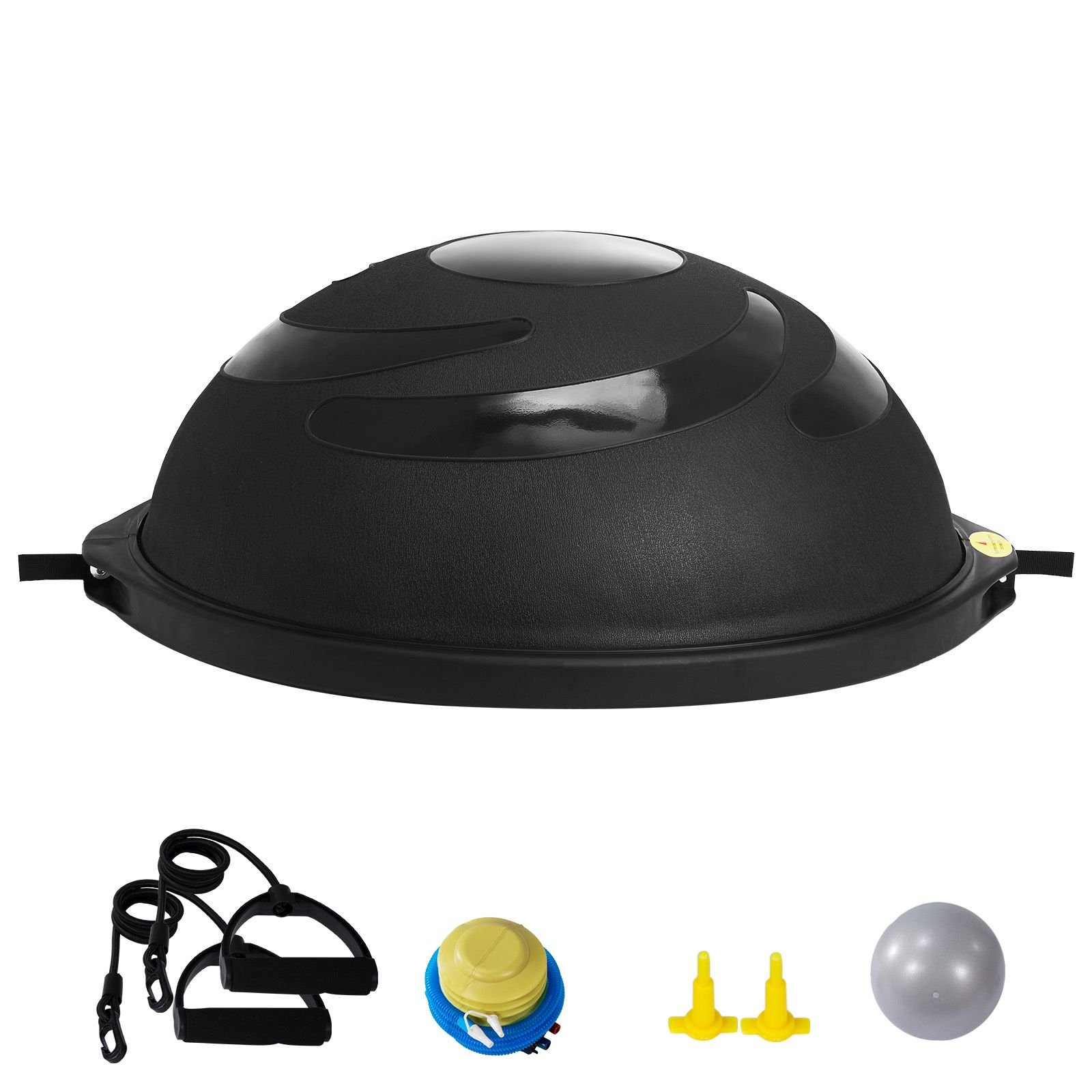 half exercise ball trainer, 26 inch balance ball trainer, 1500lbs capacity stability ball, yoga ball with resistance bands & foot pump, strength fitness ball for home gym full body workout black