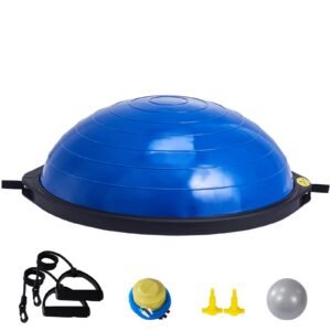 half exercise ball trainer, 26 inch balance ball trainer, 1500lbs capacity stability ball, yoga ball with resistance bands & foot pump, strength fitness ball for home gym full body workout, blue