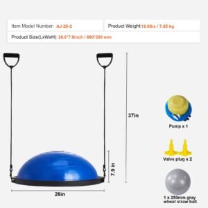 half exercise ball trainer, 26 inch balance ball trainer, 1500lbs capacity stability ball, yoga ball with resistance bands & foot pump, strength fitness ball for home gym full body workout, blue