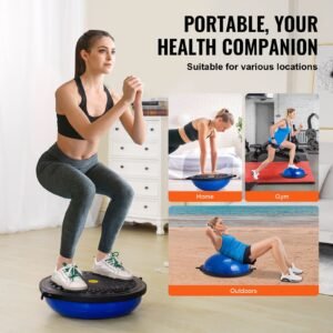 half exercise ball trainer, 26 inch balance ball trainer, 1500lbs capacity stability ball, yoga ball with resistance bands & foot pump, strength fitness ball for home gym full body workout, blue