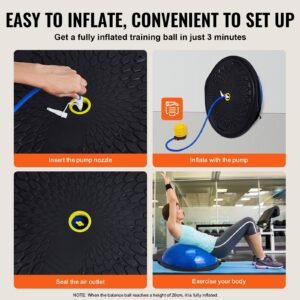 half exercise ball trainer, 26 inch balance ball trainer, 1500lbs capacity stability ball, yoga ball with resistance bands & foot pump, strength fitness ball for home gym full body workout, blue