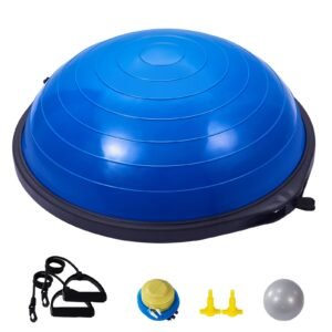 half exercise ball trainer, 26 inch balance ball trainer, 1500lbs capacity stability ball, yoga ball with resistance bands & foot pump, strength fitness ball for home gym full body workout, blue