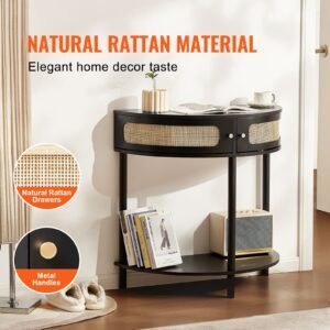 half moon rattan console table with 2 drawers, rattan entryway table with natural rattan sliding door, console table with storage for living room, study, entryway or tv wall, black