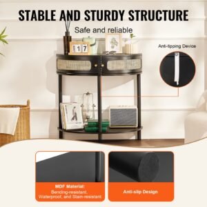 half moon rattan console table with 2 drawers, rattan entryway table with natural rattan sliding door, console table with storage for living room, study, entryway or tv wall, black