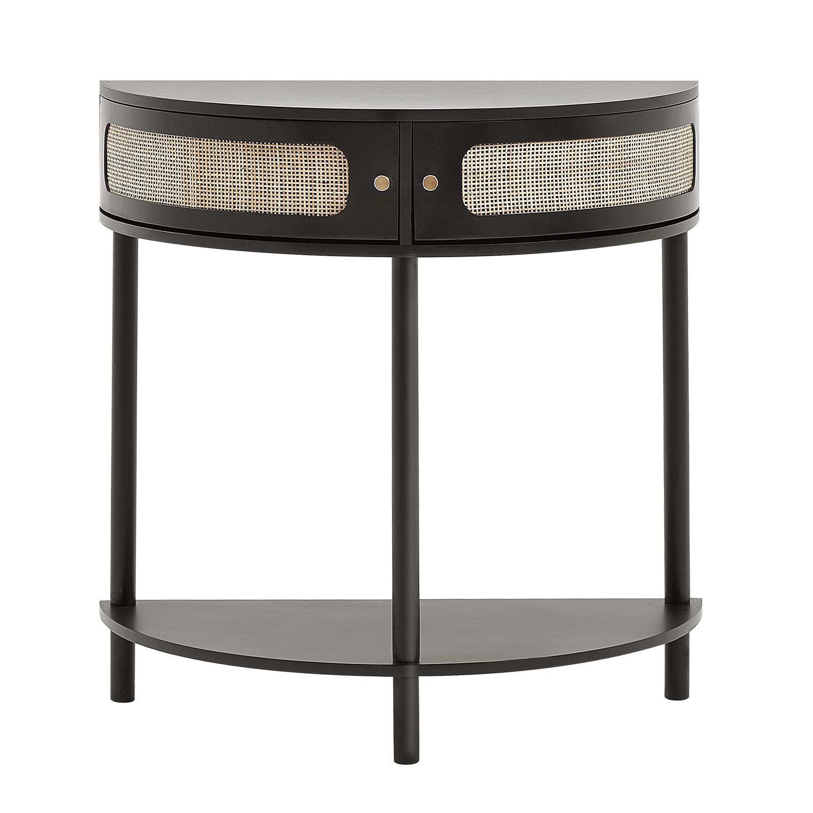 half moon rattan console table with 2 drawers, rattan entryway table with natural rattan sliding door, console table with storage for living room, study, entryway or tv wall, black