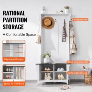 hall tree entryway bench, coat rack with shoe storage, 32" wide mudroom bench with storage and seating, adjustable shelves and 5 hanging hooks with 4 storage drawers,for mudroom,entryway,hallway