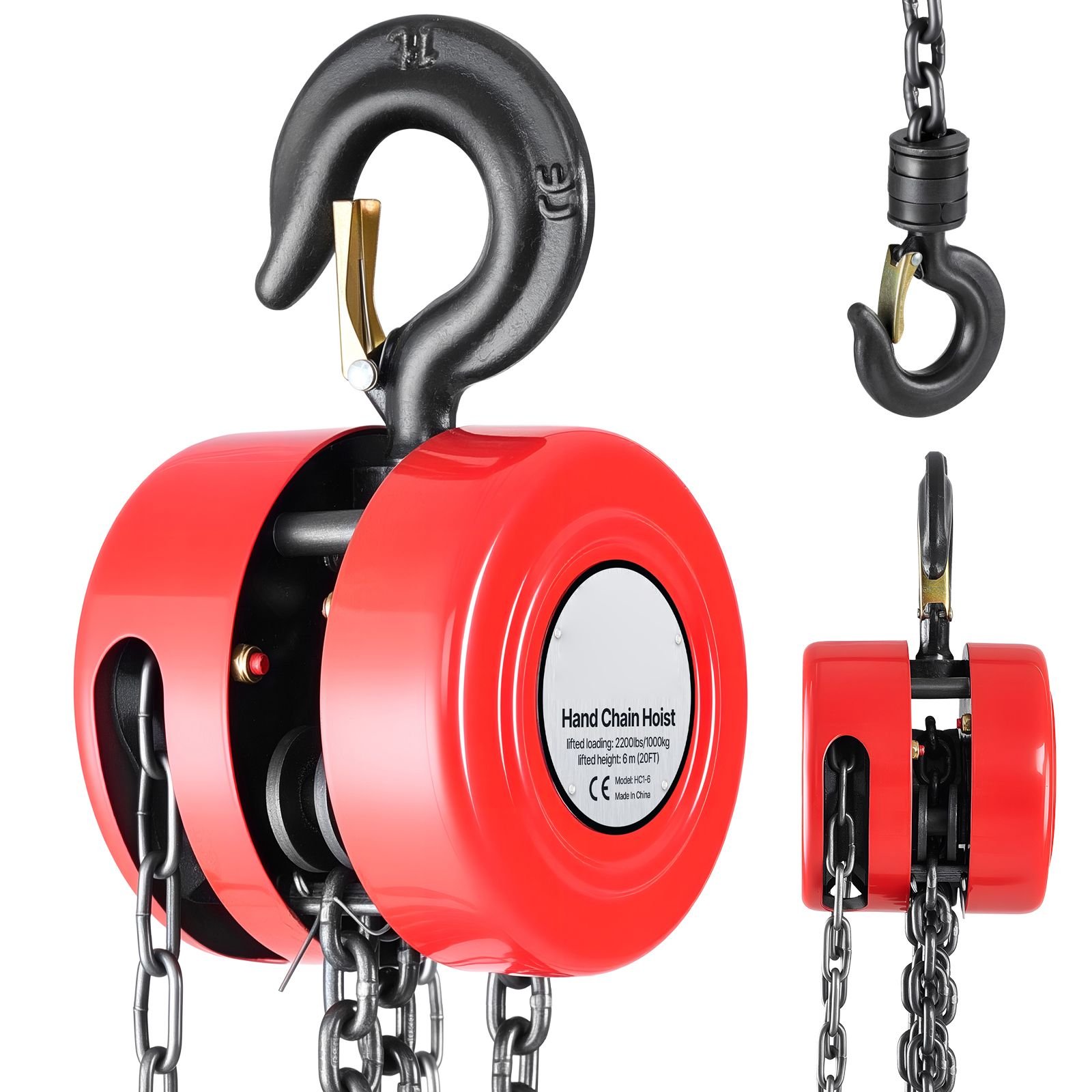 hand chain hoist, 1 ton 2200 lbs capacity, manual chain block with upgrade g70 galvanized chain, 20 ft lifting height, heavy duty pulley hoist for garage warehouse automotive machinery, red