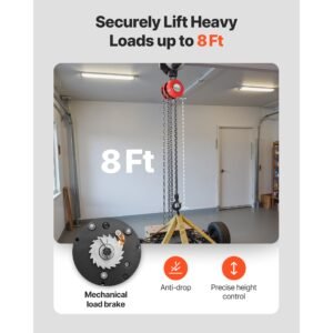 hand chain hoist, 1 ton 2200 lbs capacity, manual chain block with upgrade g70 galvanized chain, 8 ft lifting height, heavy duty pulley hoist for garage warehouse automotive machinery, red