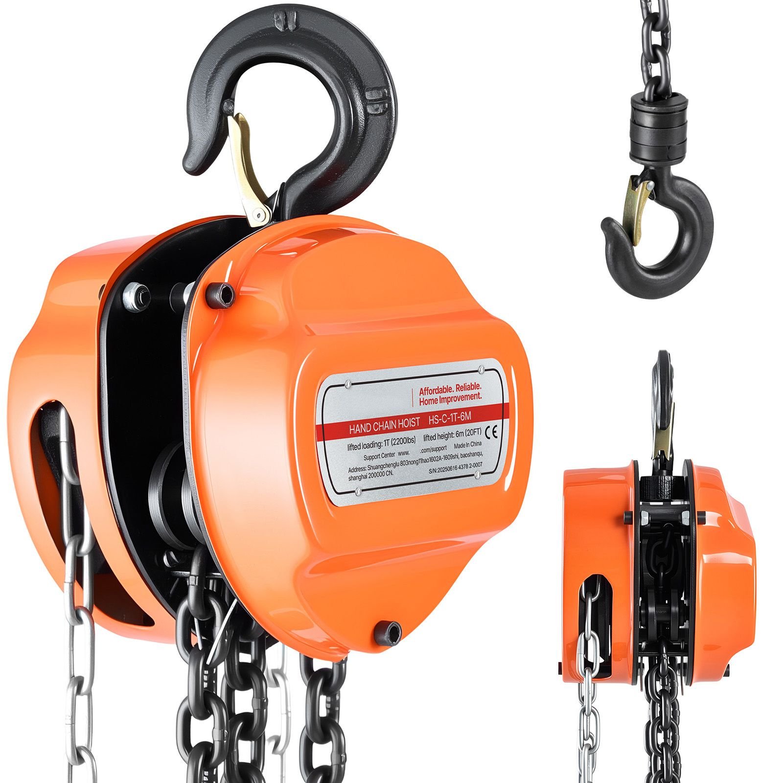 hand chain hoist, 1 ton 2200 lbs capacity, manual chain block with upgrade g80 galvanized chain, 20 ft lifting height, heavy duty pulley hoist for garage warehouse automotive machinery, orange