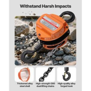 hand chain hoist, 1/2 ton 1100 lbs capacity, manual chain block with upgrade g80 galvanized chain, 10 ft lifting height, heavy duty pulley hoist for garage warehouse automotive machinery, orange