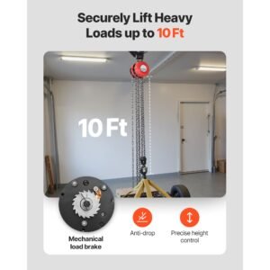 hand chain hoist, 2 ton 4400 lbs capacity, manual chain block with upgrade g70 galvanized chain, 10 ft lifting height, heavy duty pulley hoist for garage warehouse automotive machinery, red