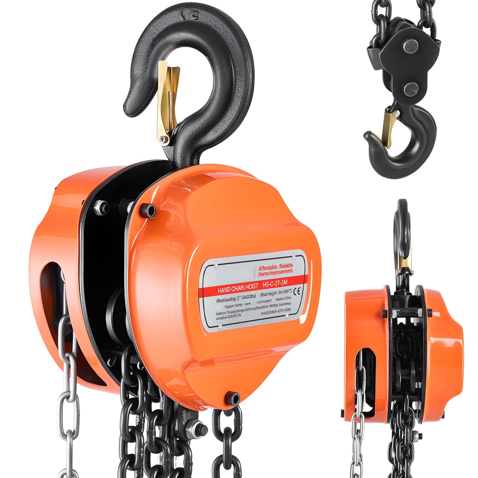 hand chain hoist, 2 ton 4400 lbs capacity, manual chain block with upgrade g80 galvanized chain, 10 ft lifting height, heavy duty pulley hoist for garage warehouse automotive machinery, orange