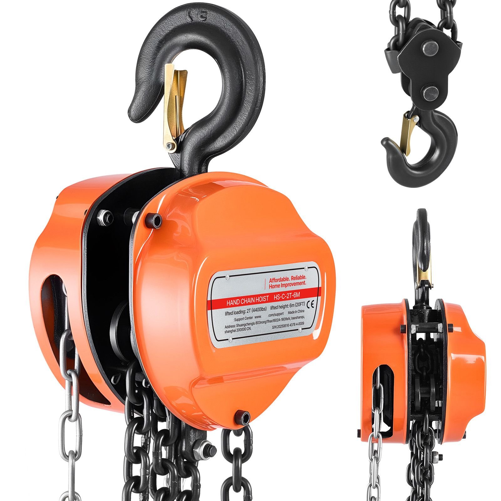 hand chain hoist, 2 ton 4400 lbs capacity, manual chain block with upgrade g80 galvanized chain, 20 ft lifting height, heavy duty pulley hoist for garage warehouse automotive machinery, orange