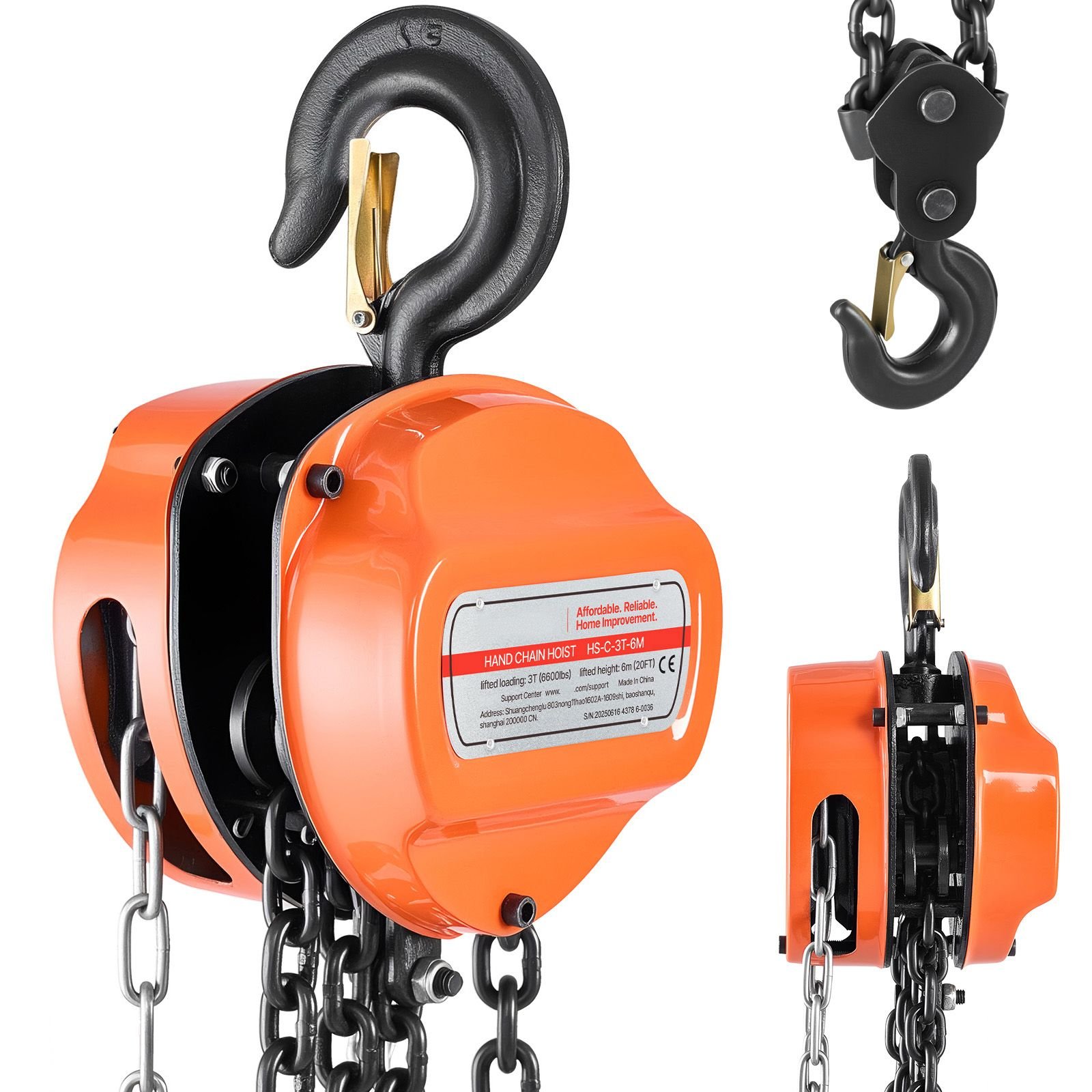 hand chain hoist, 3 ton 6600 lbs capacity, manual chain block with upgrade g80 galvanized chain, 20 ft lifting height, heavy duty pulley hoist for garage warehouse automotive machinery, orange