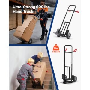 hand truck, 600 lbs load capacity, heavy duty hand truck dolly with wheels & telescoping handle, portable trolley dolly with tie down strap for moving home, office, warehouse, supermarket