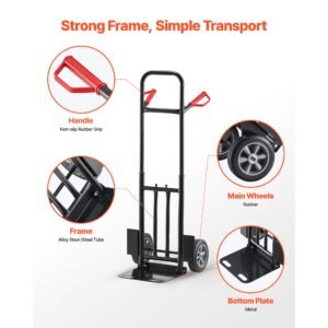 hand truck, 600 lbs load capacity, heavy duty hand truck dolly with wheels & telescoping handle, portable trolley dolly with tie down strap for moving home, office, warehouse, supermarket