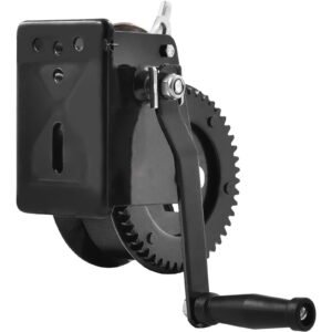 hand winch, 1600 lbs pulling capacity, boat trailer winch heavy duty rope crank with 33 ft polyester strap and two way ratchet, manual operated hand crank winch for trailer, boat or atv towing