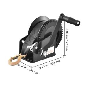 hand winch, 1600 lbs pulling capacity, boat trailer winch heavy duty rope crank with 33 ft polyester strap and two way ratchet, manual operated hand crank winch for trailer, boat or atv towing