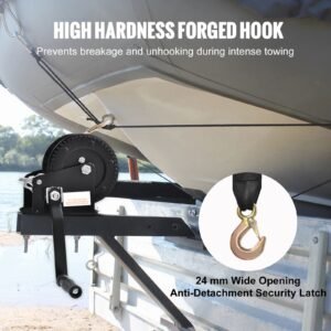 hand winch, 1600 lbs pulling capacity, boat trailer winch heavy duty rope crank with 33 ft polyester strap and two way ratchet, manual operated hand crank winch for trailer, boat or atv towing