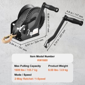 hand winch, 1600 lbs pulling capacity, boat trailer winch heavy duty rope crank with 33 ft polyester strap and two way ratchet, manual operated hand crank winch for trailer, boat or atv towing