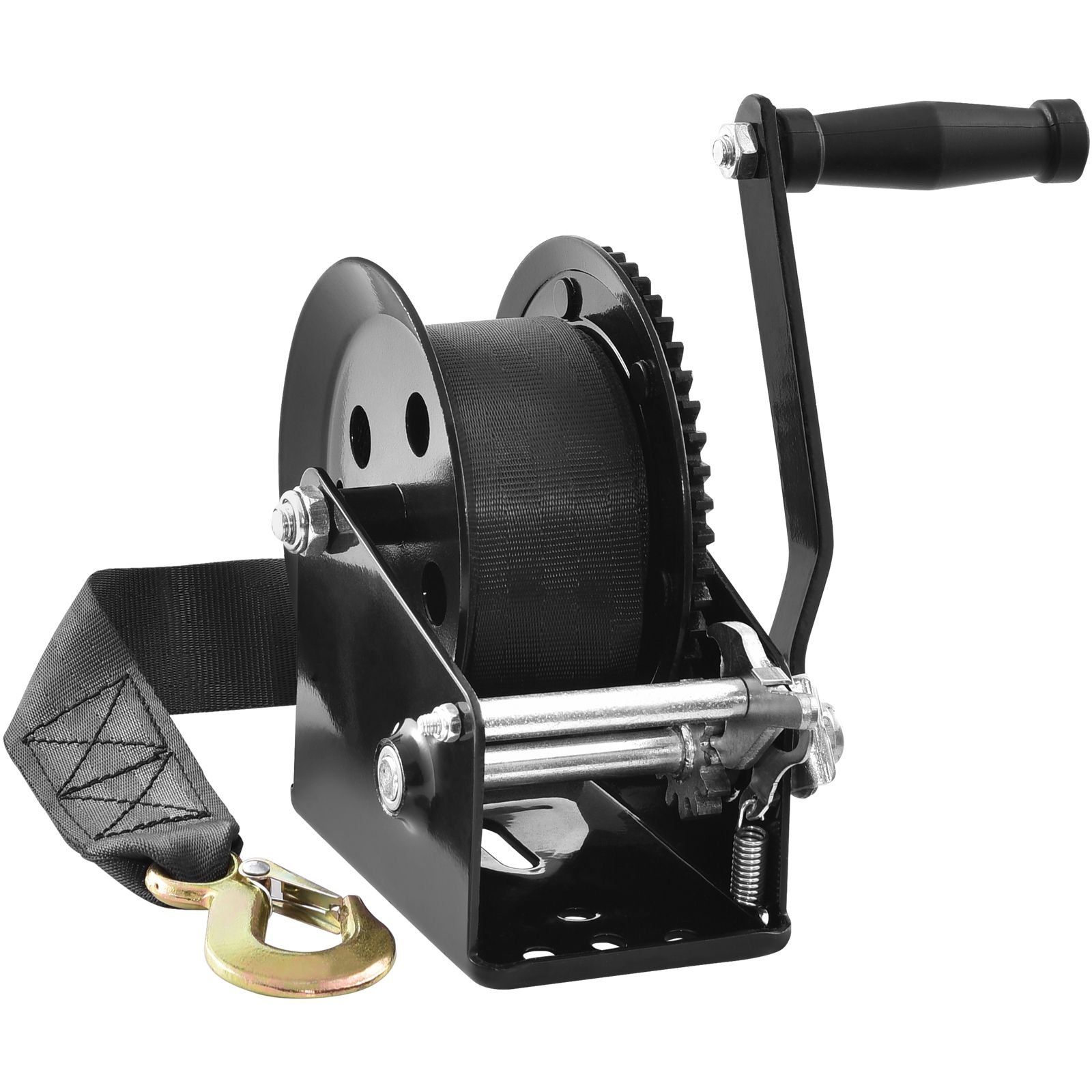 hand winch, 1600 lbs pulling capacity, boat trailer winch heavy duty rope crank with 33 ft polyester strap and two way ratchet, manual operated hand crank winch for trailer, boat or atv towing