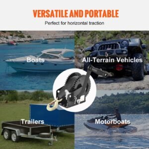 hand winch, 2000 lbs pulling capacity, boat trailer winch heavy duty rope crank with 23 ft polyester strap and two way ratchet, manual operated hand crank winch for trailer, boat or atv towing