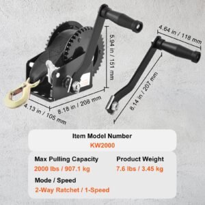hand winch, 2000 lbs pulling capacity, boat trailer winch heavy duty rope crank with 23 ft polyester strap and two way ratchet, manual operated hand crank winch for trailer, boat or atv towing