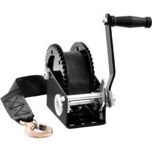 hand winch, 2000 lbs pulling capacity, boat trailer winch heavy duty rope crank with 23 ft polyester strap and two way ratchet, manual operated hand crank winch for trailer, boat or atv towing