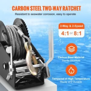 hand winch, 3500 lbs pulling capacity, boat trailer winch heavy duty rope crank with 33 ft steel wire cable and two way ratchet, manual operated hand crank winch for trailer, boat or atv towing