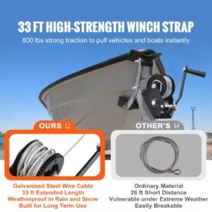 hand winch, 800 lbs pulling capacity, boat trailer winch heavy duty rope crank with 33 ft steel wire cable and two way ratchet, manual operated hand crank winch for trailer, boat or atv towing