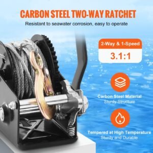 hand winch, 800 lbs pulling capacity, boat trailer winch heavy duty rope crank with 33 ft steel wire cable and two way ratchet, manual operated hand crank winch for trailer, boat or atv towing