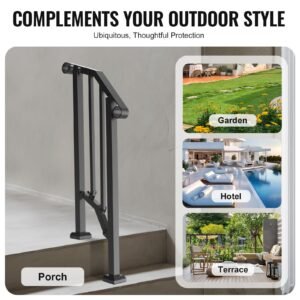 handrails for outdoor steps, 1 2 step stair hand rail kit, transitional carbon steel railings with installation kit, stair rails for seniors, concrete steps & porch & deck, black retro arch