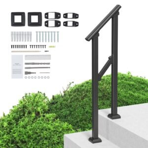 handrails for outdoor steps, 1 2 step stair hand rail kit, transitional carbon steel railings with installation kit, stair rails for seniors, concrete steps & porch & deck, black square tube