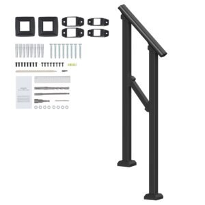 Handrails for Outdoor Steps, 1-2 Step Stair Hand Rail Kit, Transitional Carbon Steel Railings with Installation Kit, Stair Rails for Seniors, Concrete Steps & Porch & Deck, Black Square Tube