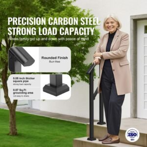 handrails for outdoor steps, 1 2 step stair hand rail kit, transitional carbon steel railings with installation kit, stair rails for seniors, concrete steps & porch & deck, black square tube