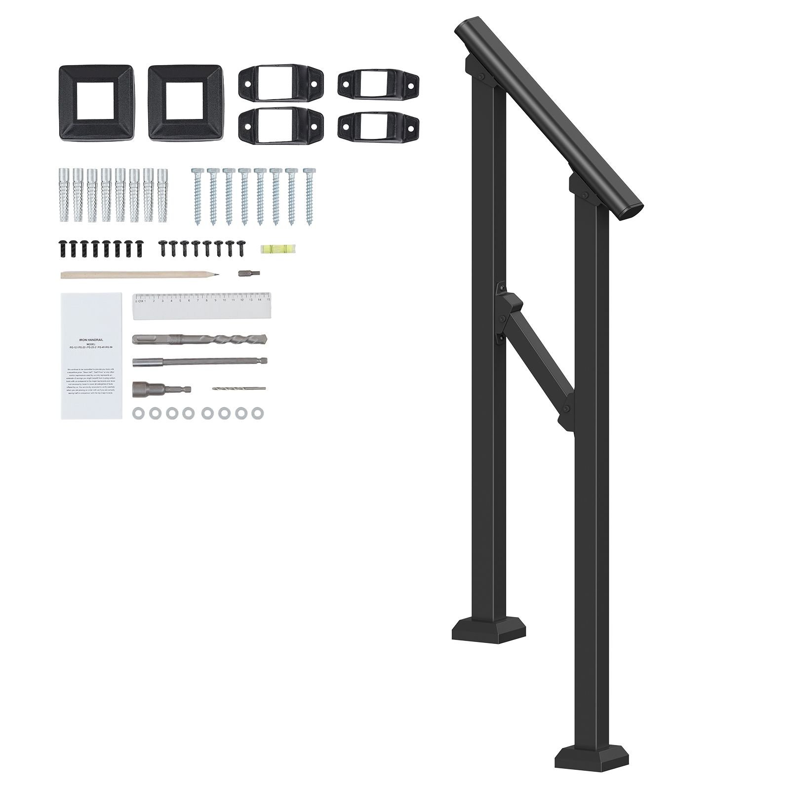 handrails for outdoor steps, 1 2 step stair hand rail kit, transitional carbon steel railings with installation kit, stair rails for seniors, concrete steps & porch & deck, black square tube