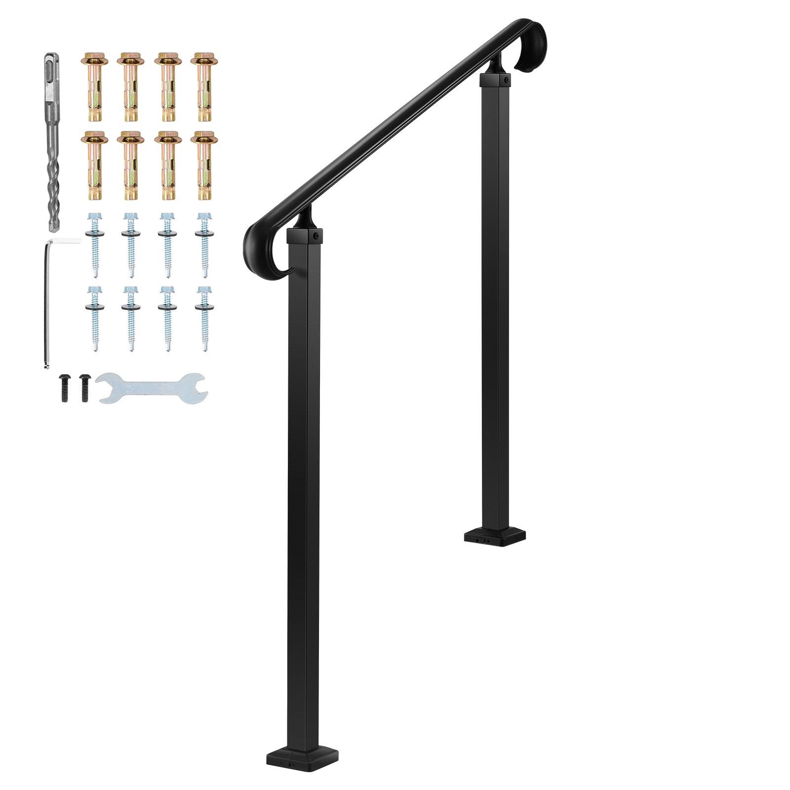 handrails for outdoor steps, 2 3 step adjustable height, carbon steel transitional handrail with installation kit, exterior hand railing for steps, concrete or wooden stairs, porch, matte black