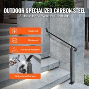 Handrails for Outdoor Steps 2-3 Step Railings Wrought Iron Handrail Stair Railings for Steps Black Iron Railings for Steps Wall and Floor Mounted with Installation Kit