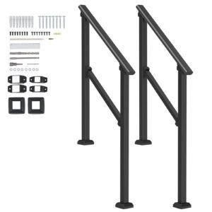 handrails for outdoor steps, 2 pcs 2 3 step stair hand rail kit, transitional carbon steel railings with installation kit, stair rails for seniors, concrete & porch & deck, black square tube
