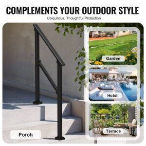 handrails for outdoor steps, 2 pcs 2 3 step stair hand rail kit, transitional carbon steel railings with installation kit, stair rails for seniors, concrete & porch & deck, black square tube