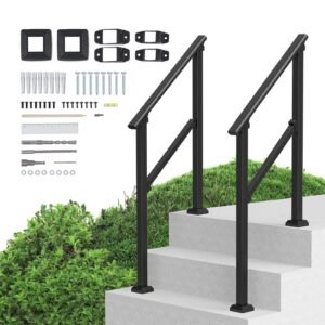 handrails for outdoor steps, 2 pcs 2 3 step stair hand rail kit, transitional carbon steel railings with installation kit, stair rails for seniors, concrete & porch & deck, black square tube