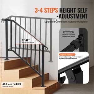 handrails for outdoor steps, 3 4 step stair hand rail kit, transitional iron railings with installation kit, stair rails for seniors, concrete steps & porch & deck, black retro arch