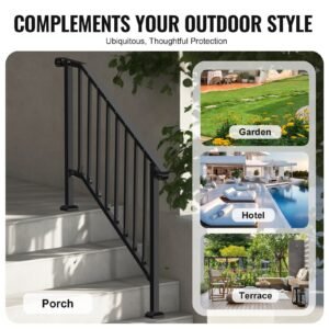 handrails for outdoor steps, 3 4 step stair hand rail kit, transitional iron railings with installation kit, stair rails for seniors, concrete steps & porch & deck, black retro arch
